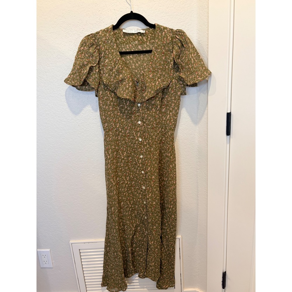 Christy Dawn Olive Green Floral Ruffle V-Neck Button Front Midi Dress Small